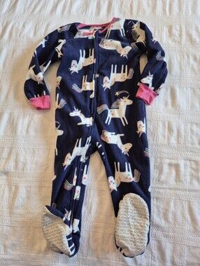 Absorba girls 2T fleece footie zipper pajama blue with white unicorns EUC